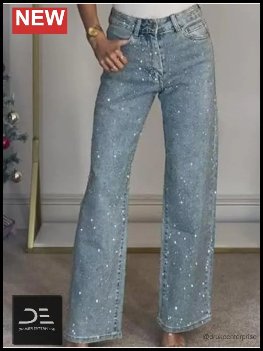 Women's High Waisted Rhinestone Straight Leg Jeans Sparkly Bling Pants